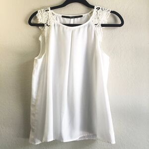 White sleeveless semi sheer top crochet shoulder detail minimal feminine M